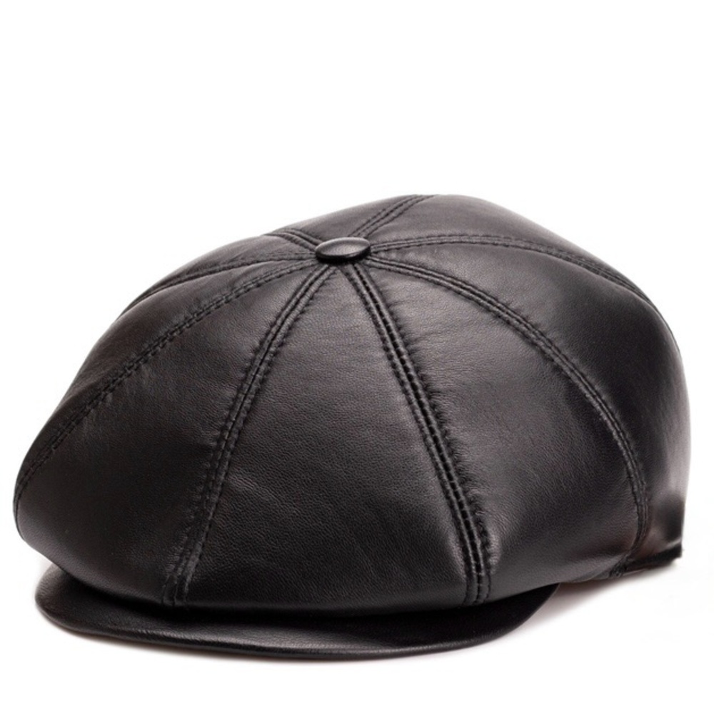 Black Men's Leather Newsboy Hat Cabbie Beret Real Leather Ivy Hat Vintage